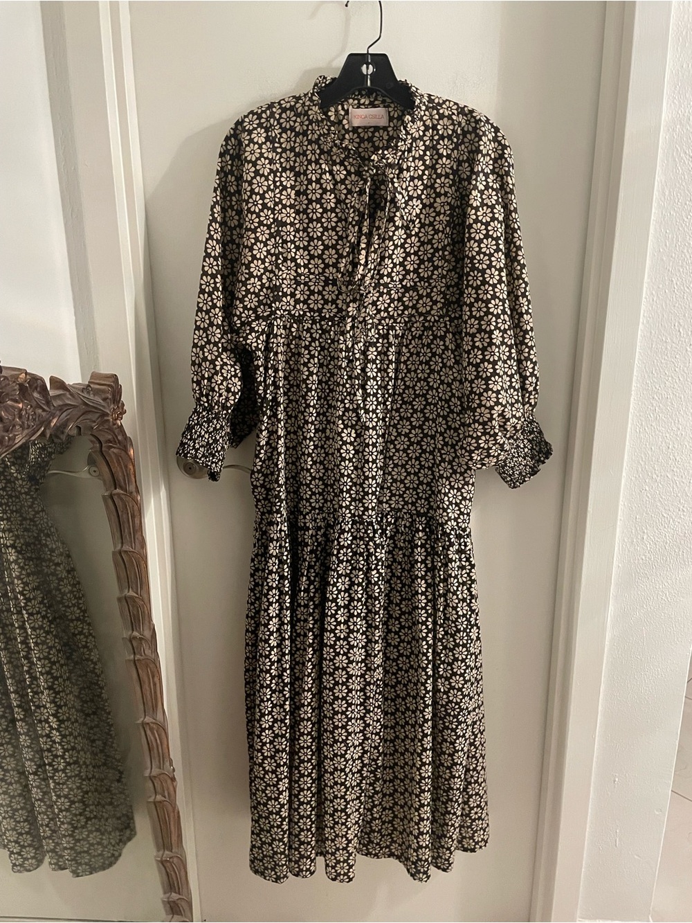 Kinga Csilla small Black/Cream Sia Santorini Floral Ruffle Tie tiered maxi Dress